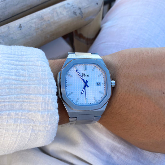 Pools CISANO Herrenuhr mit weißen Zifferblatt und Edelstahlarmband