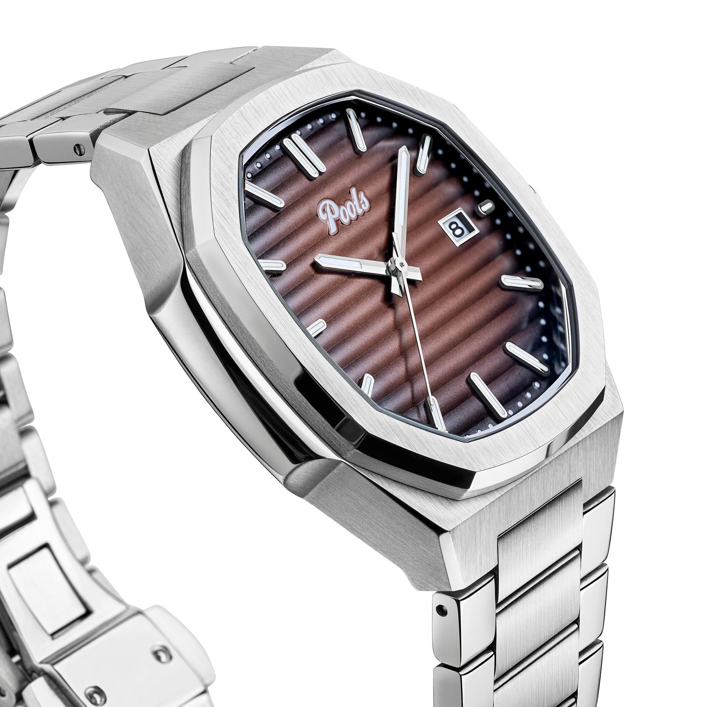 Pools CISANO Herrenuhr mit braunen Zifferblatt und Edelstahlarmband im detail