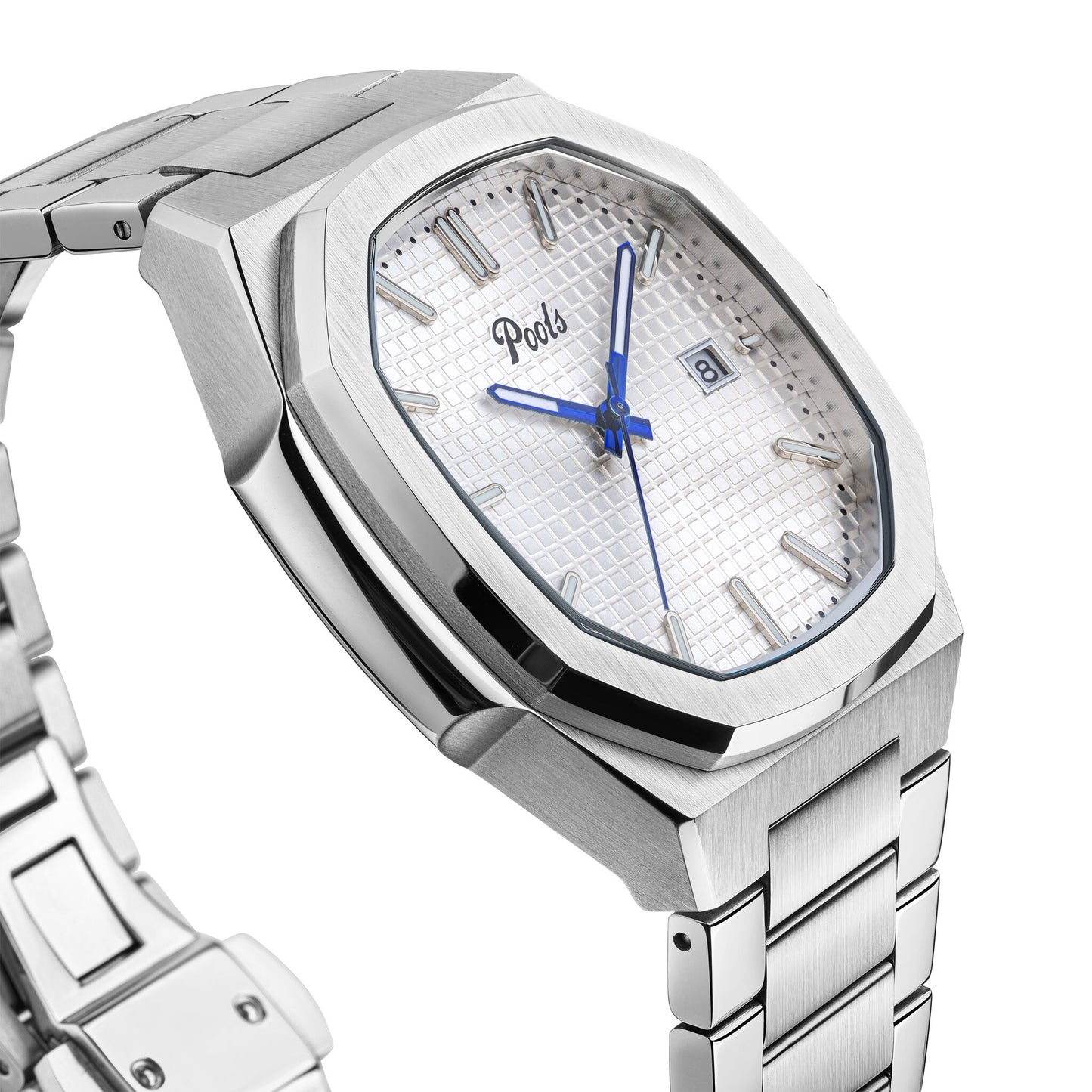Pools CISANO Herrenuhr mit weißen Zifferblatt und Edelstahlarmbanden im detail