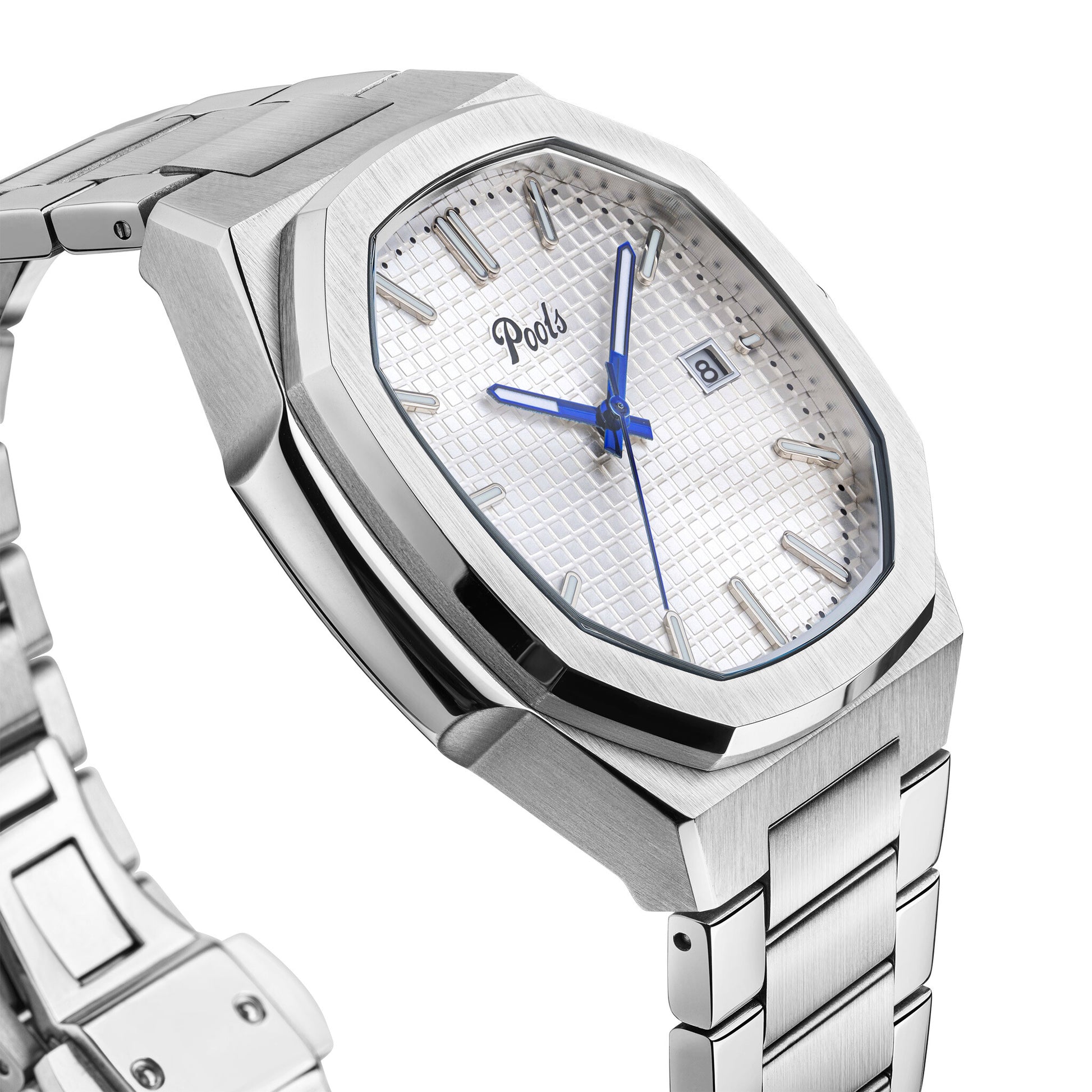 Pools CISANO Herrenuhr mit weißen Zifferblatt und Edelstahlarmbanden im detail